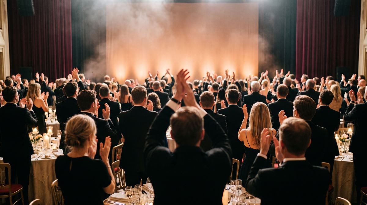 A gala audience in black tie on its feet applauding towards a warmly lit stage