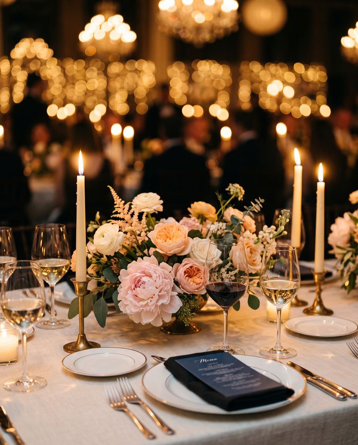 A candlelit gala table with blush peonies, crystal glasses and ivory linen