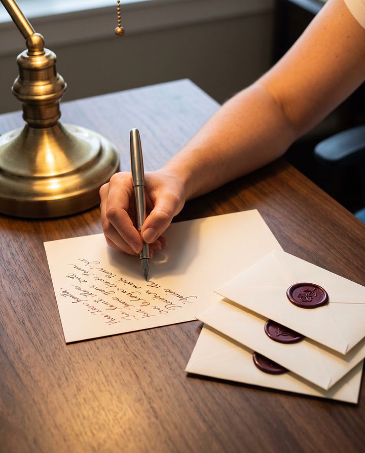 A hand writing a thank-you card with a fountain pen beside envelopes sealed in burgundy wax