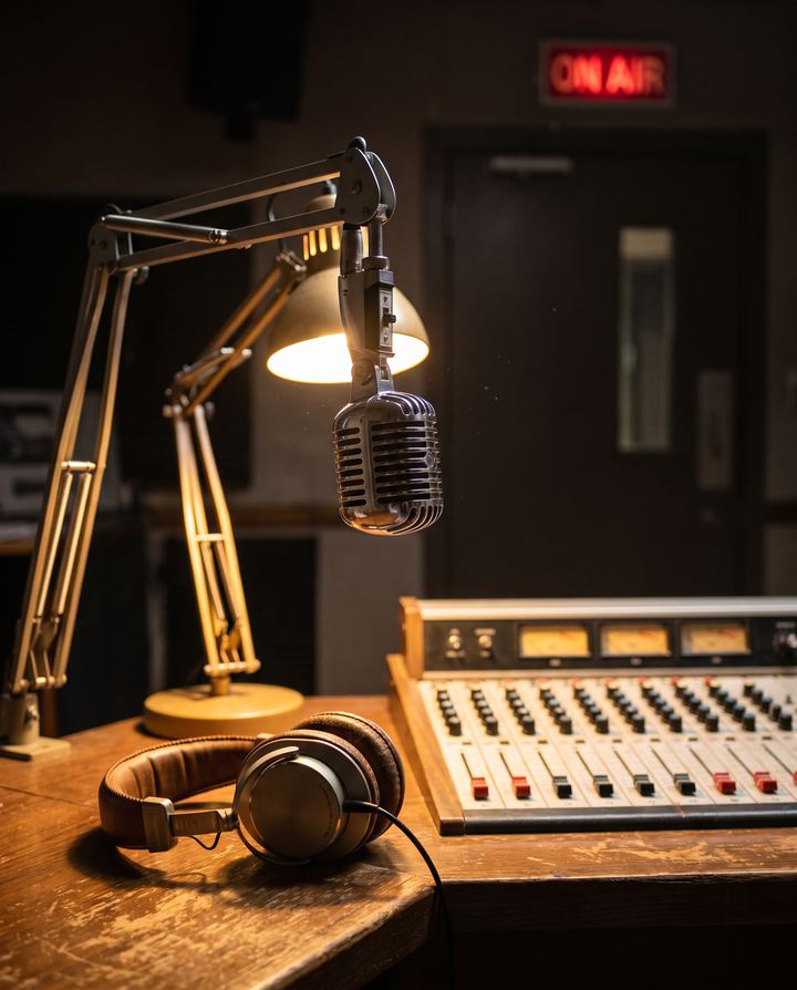 A vintage radio microphone in a warm studio with an On Air light glowing behind