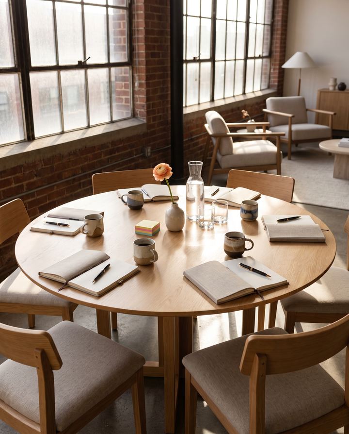 A round table set for six with notebooks, pens and coffee in a bright workspace