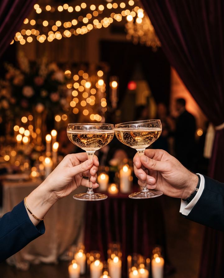 Two champagne coupes meeting in a toast against warm candlelight